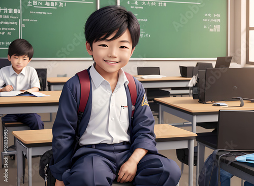 Asian schoolboy in uniform in the classroom with books, backpacks, sitting at their desks. Blackboard on the background. Back to school concept.