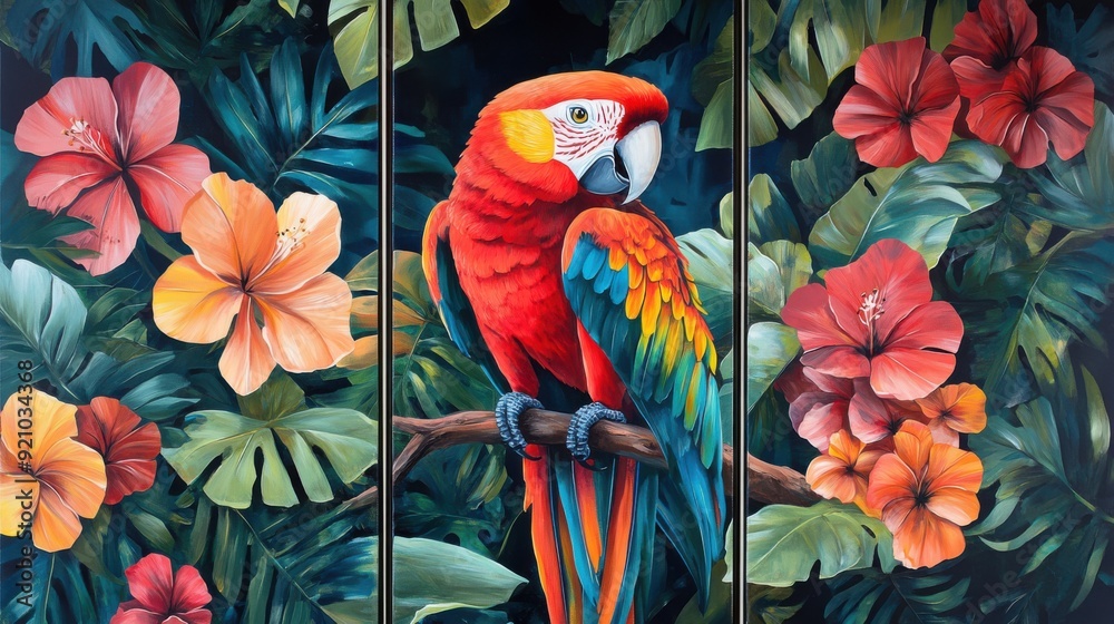 Obraz premium Set of 3 wall art panels with vibrant parrot portrait amidst tropical flowers and dense jungle leaves, abstract oil painting, close up, split into three on white background 