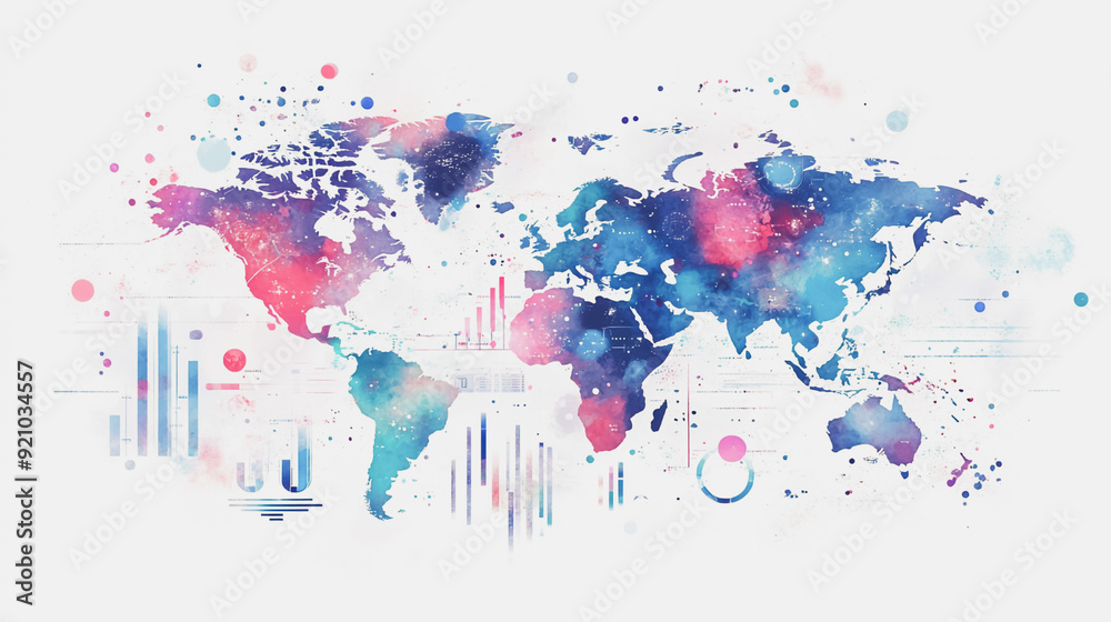 Fototapeta premium watercolor of Abstract with pastel colorful charts and graphs with statistics to analyze business potential and forecast future development of companies growth. with word map.