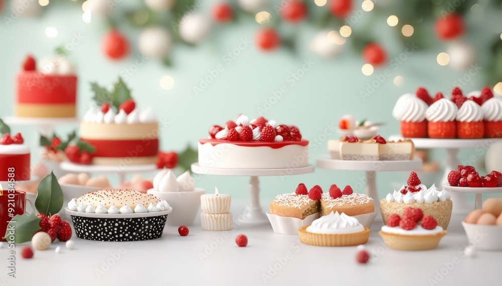Festive dessert table with various cakes and pastries decorated with berries and cream, perfect for a holiday celebration. Festive dessert table with various cakes and pastries decorated with berries and cream, perfect for a holiday celebration.