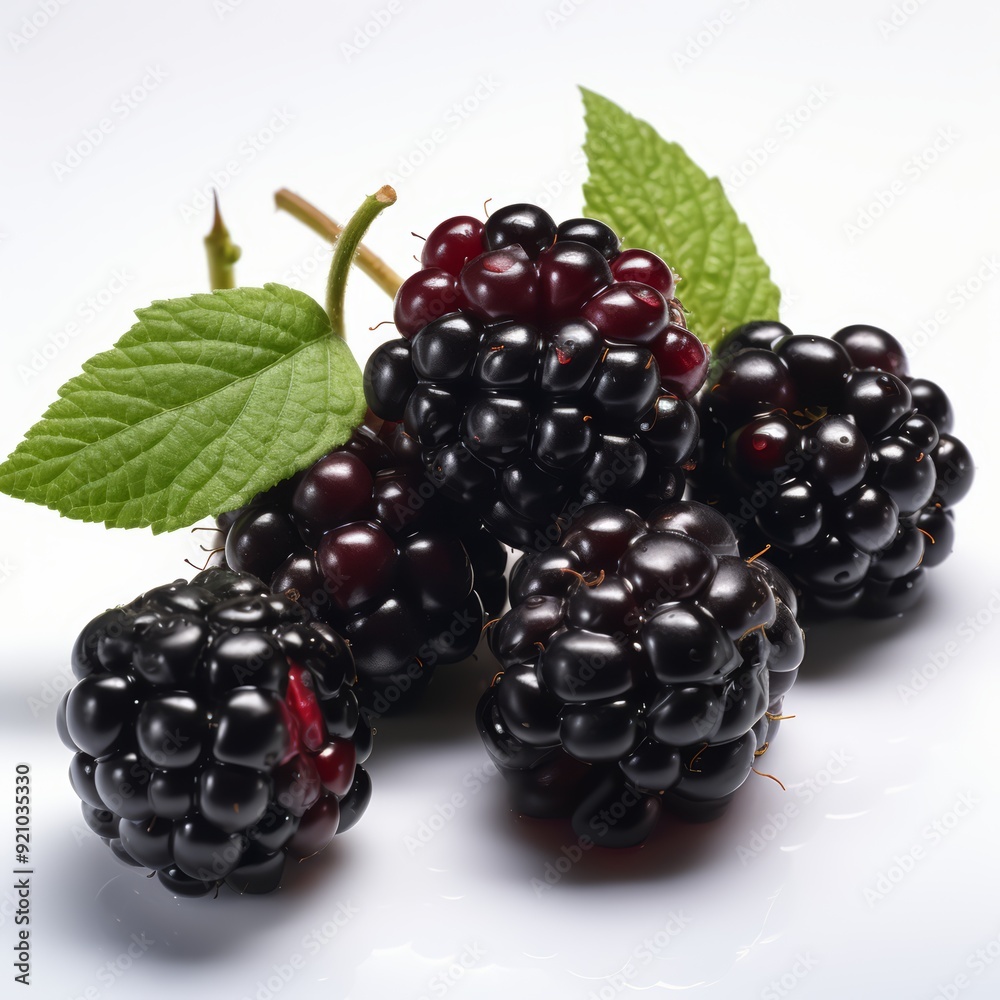 Close up of five ripe blackberries with green leaves. Close up of five ripe blackberries with green leaves.