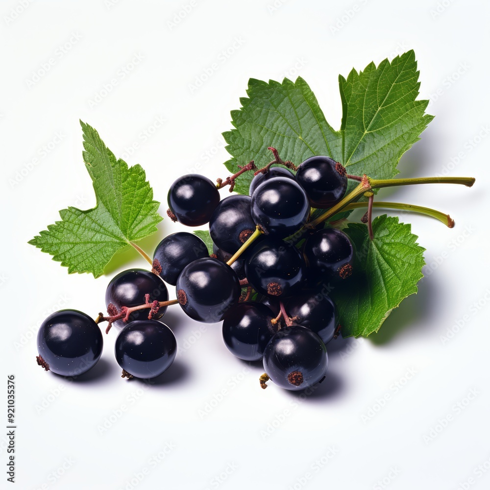 Close up of fresh black currants with green leaves on a white background. Close up of fresh black currants with green leaves on a white background.