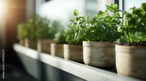 Several vibrant houseplants are shown thriving on a sunlit windowsill, their lush green leaves illuminated by the natural light, creating a tranquil and refreshing indoor environment.