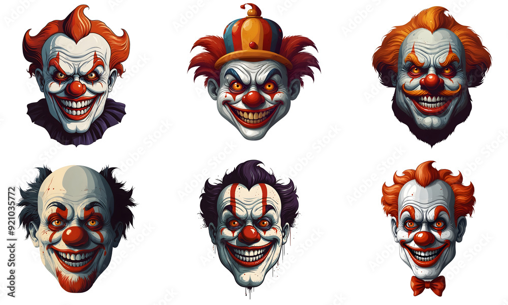 Set of cartoon horror clown character faces. vector illustration of evil clowns smile scary circus monsters. Generative AI.