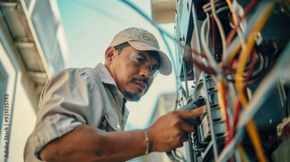 Inspecting Wires and Connecting Wires - Repairman wears a white shirt and jeans. While checking the wires connected to the air conditioner, use pliers to install the new wires. Inspecting Wires and Connecting Wires - Repairman wears a white shirt and jeans. While checking the wires connected to the air conditioner, use pliers to install the new wires.