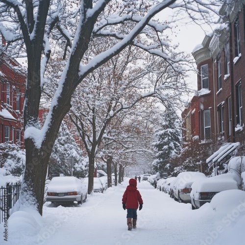 Child Walking in a Snowy Street.