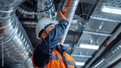 Installation of ventilation duct system - Caucasian electrician wearing mechanic's uniform and safety helmet A ventilation duct system for an air  photo
