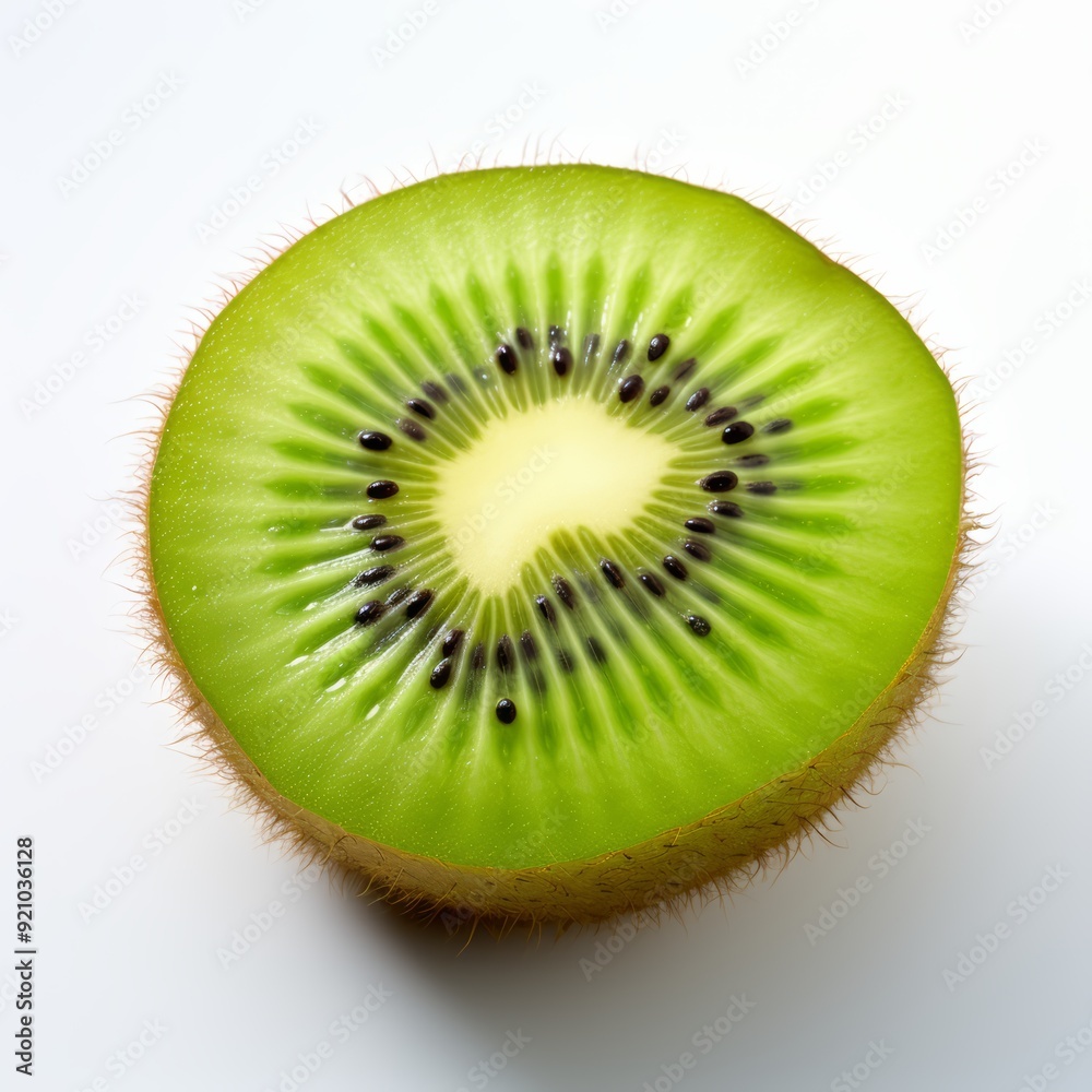 Close-up of a juicy, green kiwi fruit slice with fuzzy skin and dark seeds. Close-up of a juicy, green kiwi fruit slice with fuzzy skin and dark seeds.