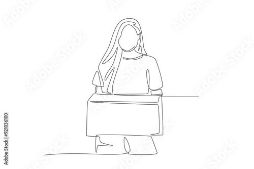 Female volunteer lifting donation boxes. Volunteering concept one-line drawing