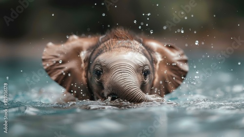 An adorable baby elephant swimming and playing in the water, its joyful expression and playful splash of water captured amidst a serene natural environment. photo