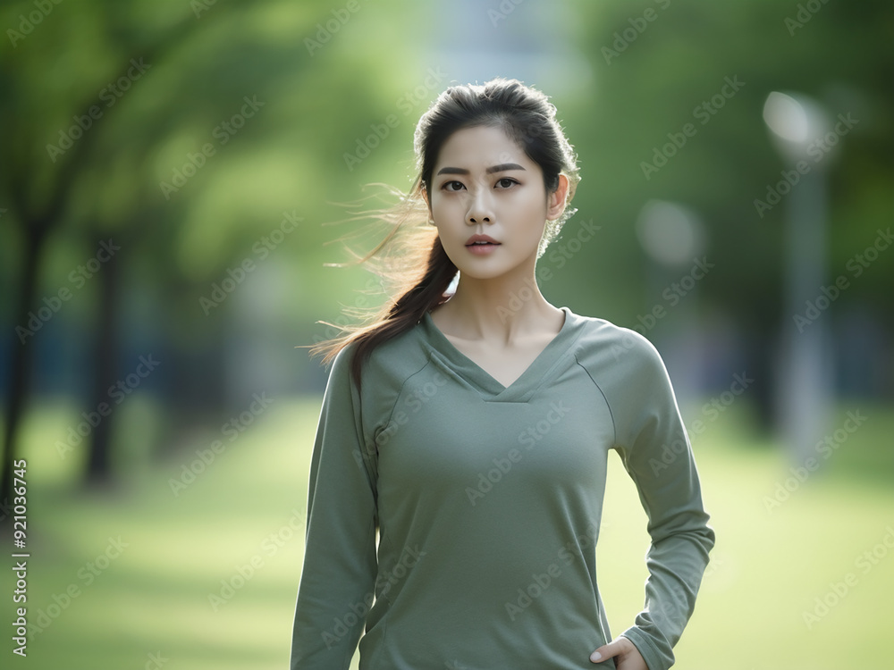 Fit Asian woman in green sportswear stretches before running in the park Fit Asian woman in green sportswear stretches before running in the park