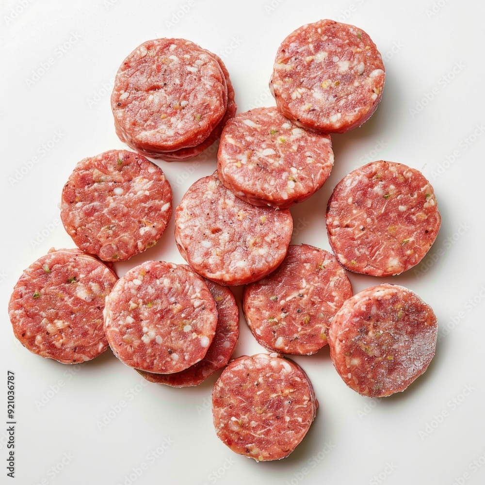 Freshly prepared hamburger patties arranged neatly on a clean surface. These round beef patties are ideal for grilling or frying. Perfect for barbecues or family meals. AI Freshly prepared hamburger patties arranged neatly on a clean surface. These round beef patties are ideal for grilling or frying. Perfect for barbecues or family meals. AI