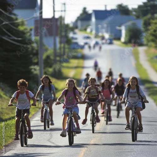 Kids Riding Bikes in a Small Town.