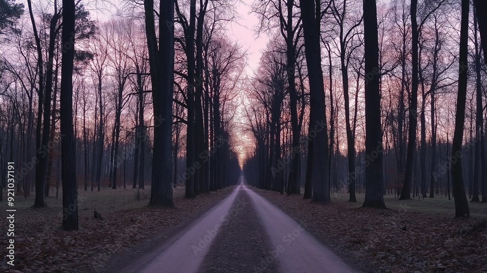Serene winter pathway amidst tall trees at sunset, creating a tranquil atmosphere. Serene winter pathway amidst tall trees at sunset, creating a tranquil atmosphere.