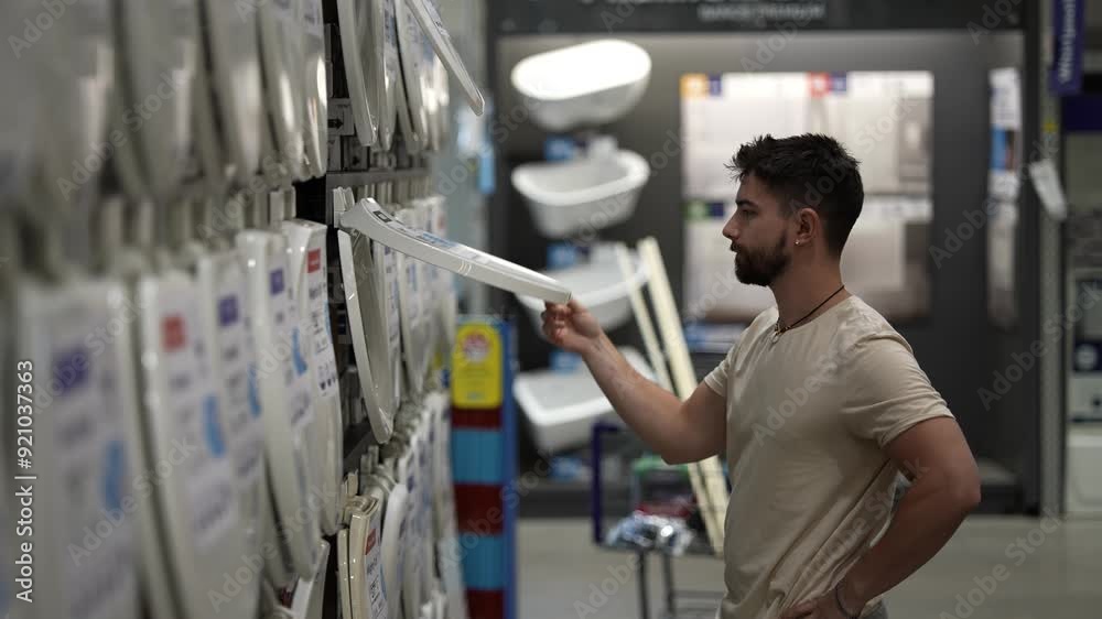 Man shopping for and comparing toilet seat cover in plumbing section of hardware store warehouse. Man shopping for and comparing toilet seat cover in plumbing section of hardware store warehouse.