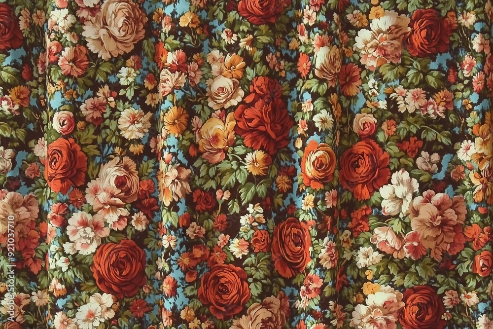 A floral print with a lot of reds and oranges. The flowers are in various sizes and are scattered throughout the image A floral print with a lot of reds and oranges. The flowers are in various sizes and are scattered throughout the image