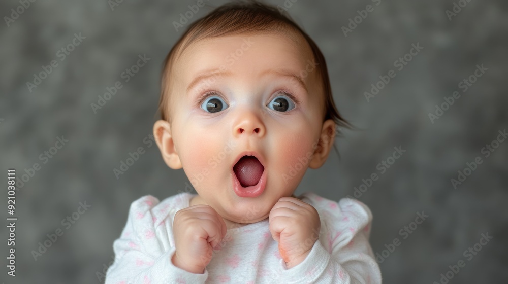 Surprised baby with wide eyes and open mouth, expressing shock or awe against a gray background. Surprised baby with wide eyes and open mouth, expressing shock or awe against a gray background.