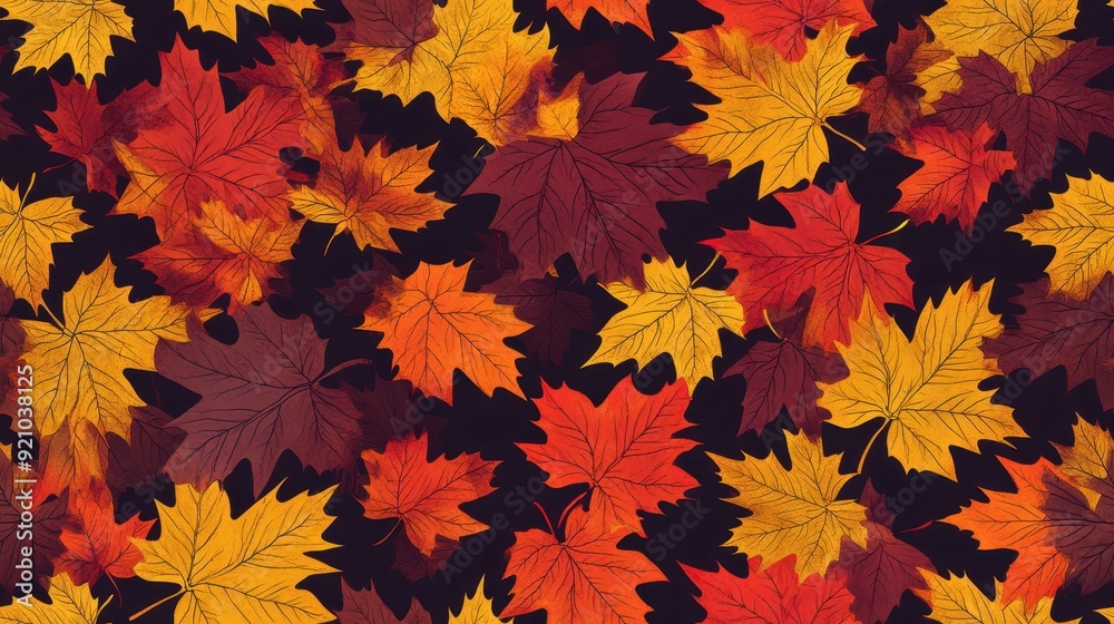 Rich autumn seamless pattern with colorful leaves on a dark background. Ideal for fall-themed designs or cozy seasonal decor. Rich autumn seamless pattern with colorful leaves on a dark background. Ideal for fall-themed designs or cozy seasonal decor.