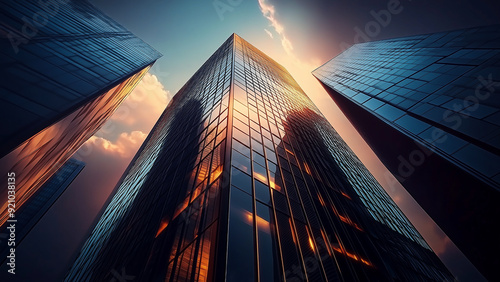 A stunning bottom-up view of towering skyscrapers against a vibrant evening sky backdrop. For business-related content and corporate wallpapers.