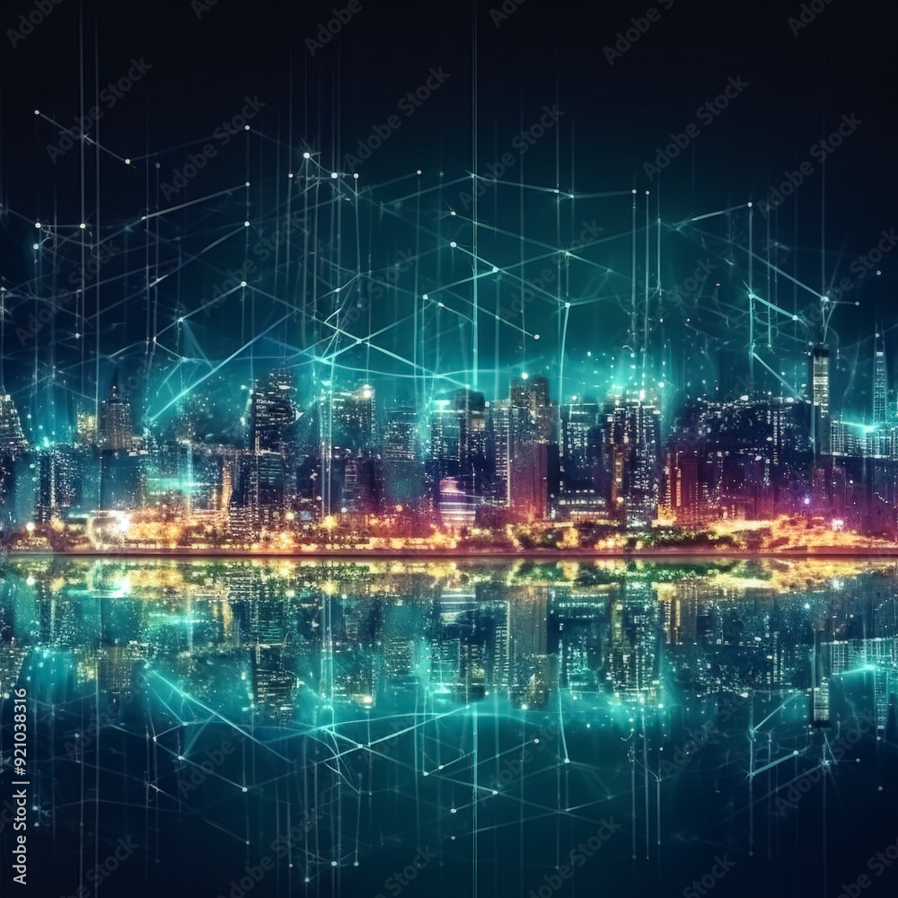 A cityscape with a network of lights and a city skyline. The lights are connected to each other, creating a web-like pattern. Scene is one of connectivity and interdependence A cityscape with a network of lights and a city skyline. The lights are connected to each other, creating a web-like pattern. Scene is one of connectivity and interdependence