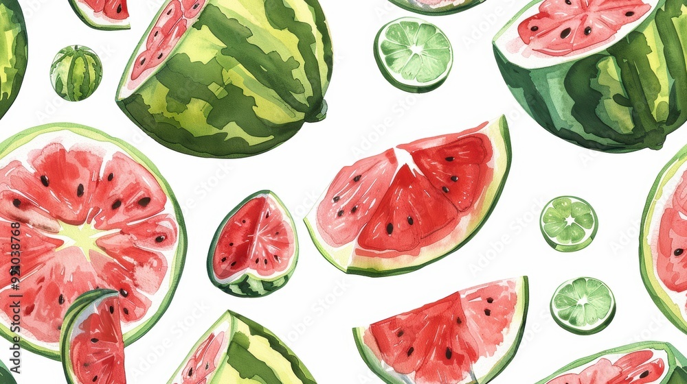 Realistic seamless pattern of watermelons with green leaves isolated on white. Ideal for fresh, juicy, and summer-themed designs. Realistic seamless pattern of watermelons with green leaves isolated on white. Ideal for fresh, juicy, and summer-themed designs.