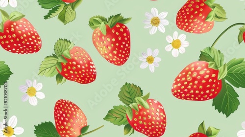 Realistic seamless pattern of strawberries, white flowers, and green leaves on a light green background. Perfect for fresh, vibrant, and summer-themed designs.