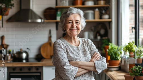 A smiling elderly woman stands confidently with crossed arms in her cozy kitchen, surrounded by plants and kitchenware, expressing contentment and warmth.