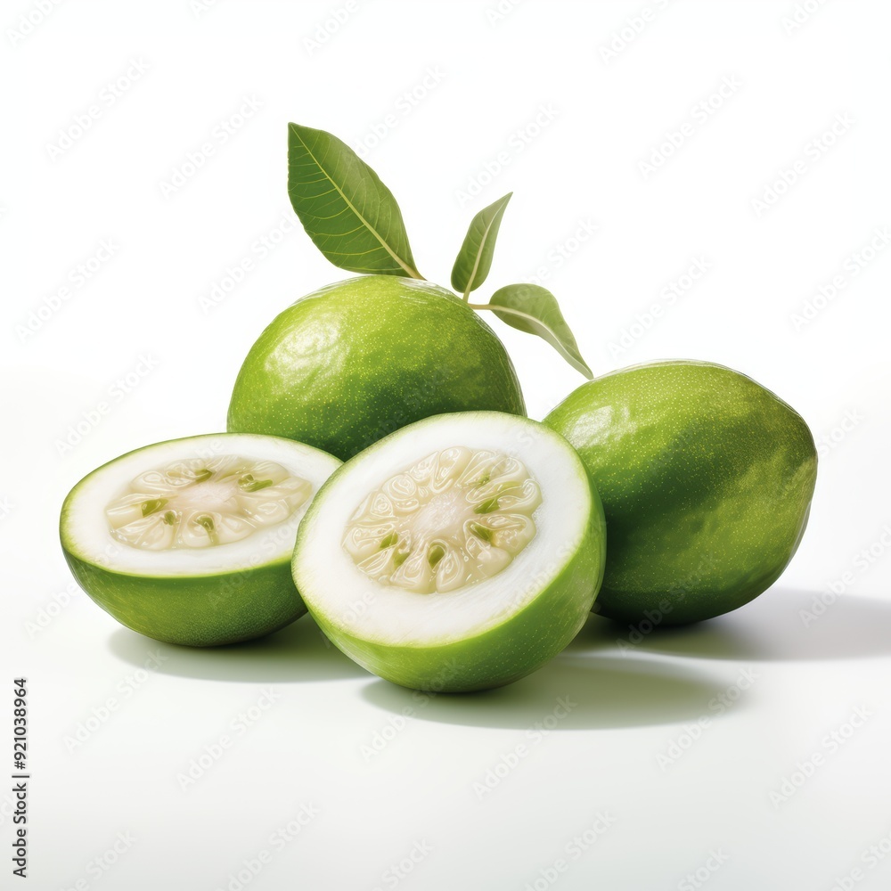 Three green fruits with a leaf on a white background. One is cut in half, showing the inner white flesh and small seeds. Three green fruits with a leaf on a white background. One is cut in half, showing the inner white flesh and small seeds.