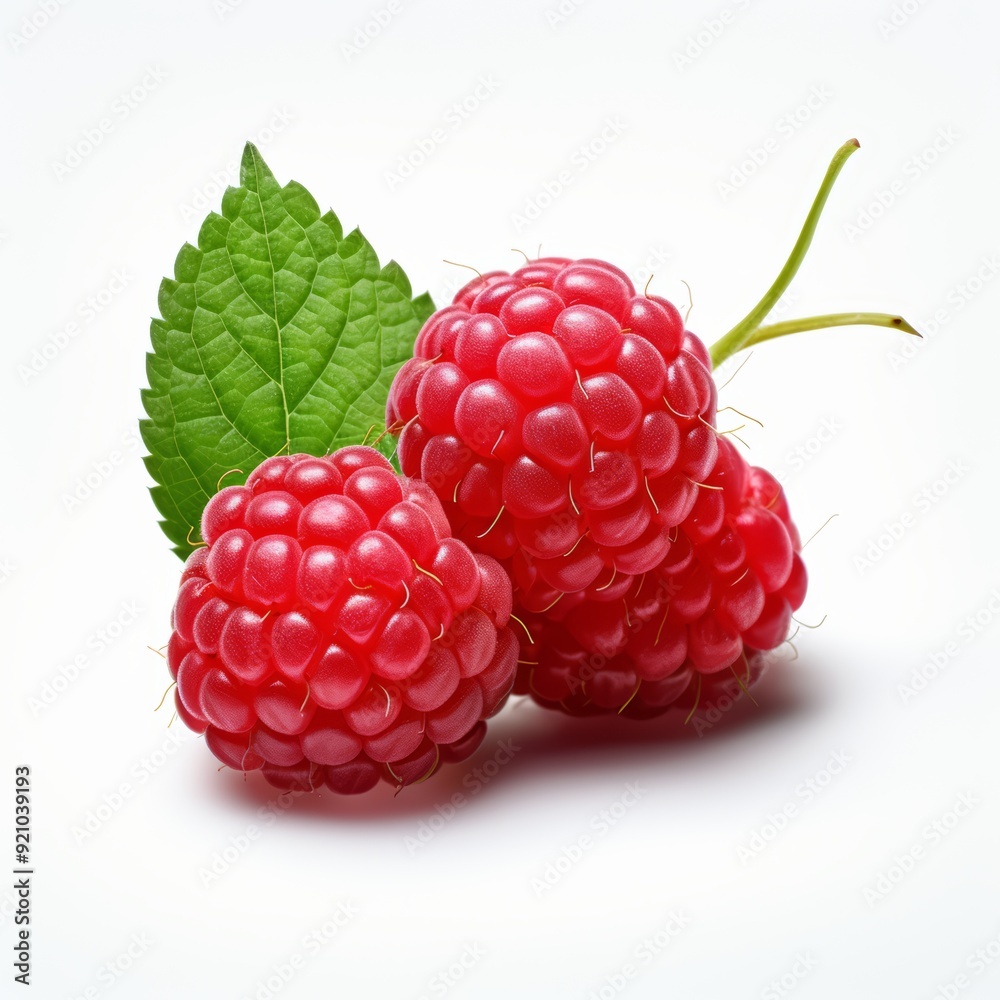 Three red raspberries with a green leaf isolated on a white background. Three red raspberries with a green leaf isolated on a white background.