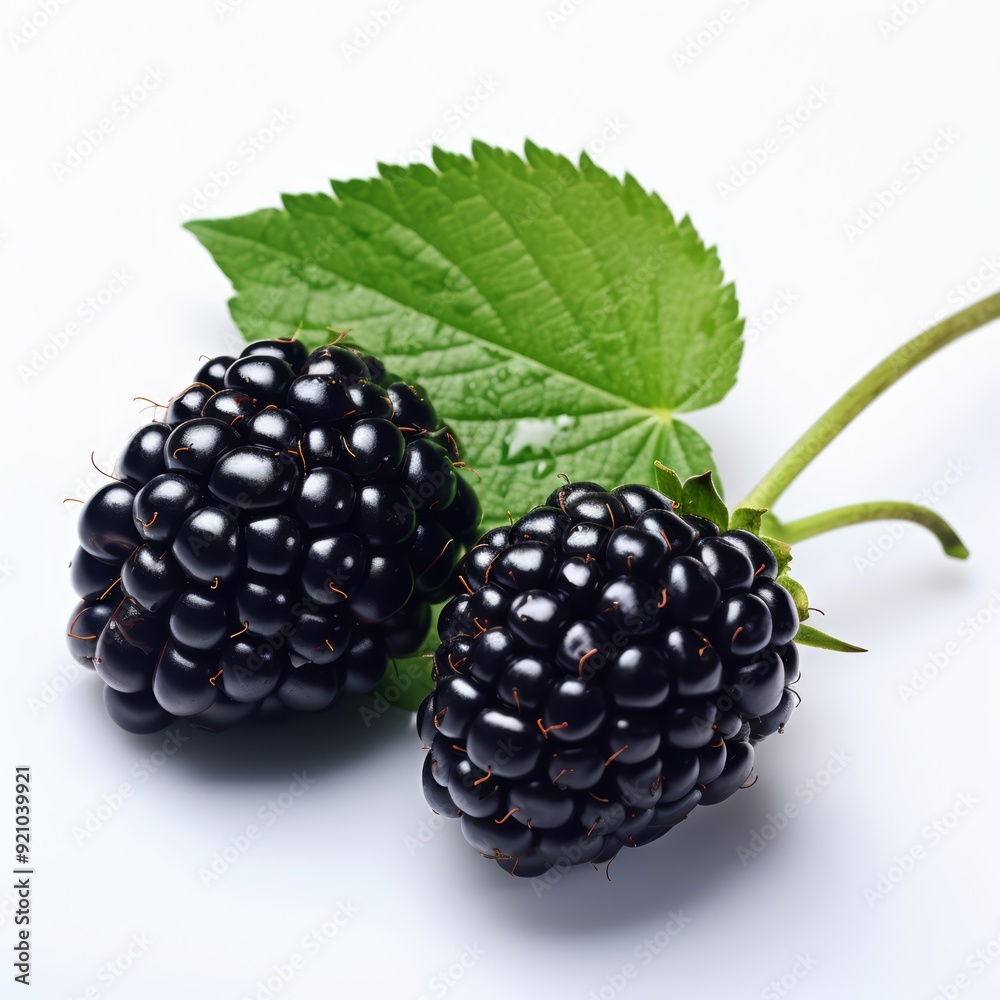 Two ripe blackberries with green leaves on a white background. Two ripe blackberries with green leaves on a white background.