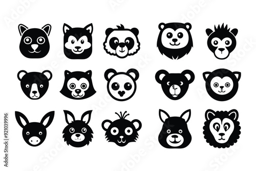 Bundle of animal face icons and silhouettes vector art on a white background.