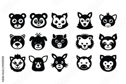 Bundle of animal face icons and silhouettes vector art on a white background.