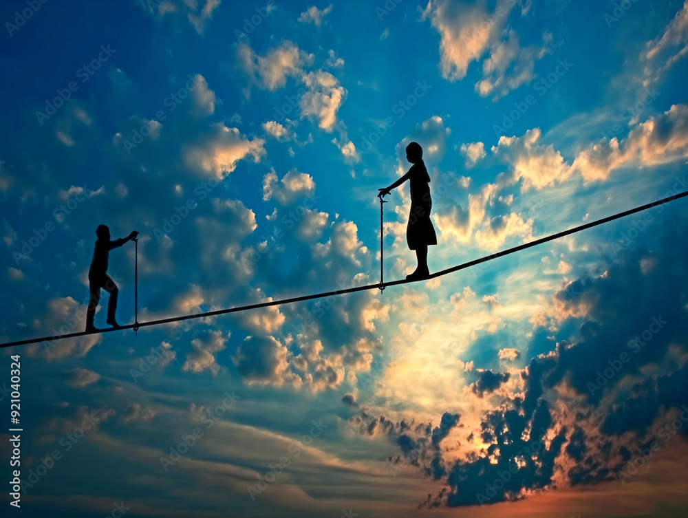 Two children are balancing on a rope, one of them holding a stick. The sky is cloudy and the sun is setting, creating a moody atmosphere Two children are balancing on a rope, one of them holding a stick. The sky is cloudy and the sun is setting, creating a moody atmosphere