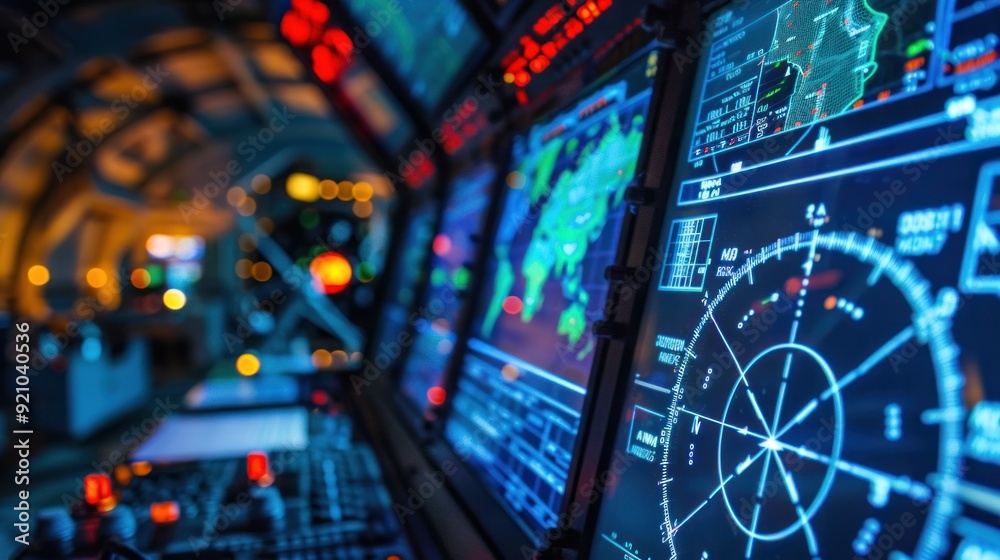 Obraz premium Missile Defense System - Control panel of the missile defense system with a radar display screen and digital maps. Officials are reviewing the information received from the sensors.