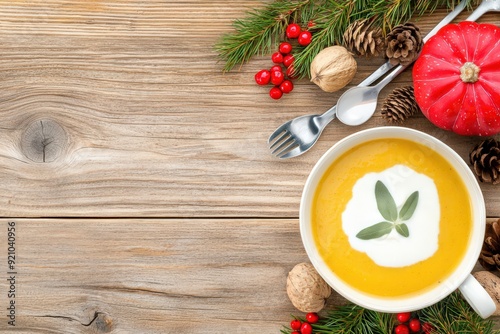 Holiday-themed butternut squash soup with festive decorations on a rustic wooden table, perfect for seasonal recipes and celebrations.