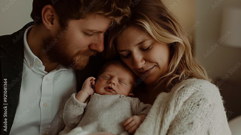 Newborn baby in loving embrace of parents during peaceful family moment at home. Intimate Caucasian family moment with parents cherishing their newborn baby.
