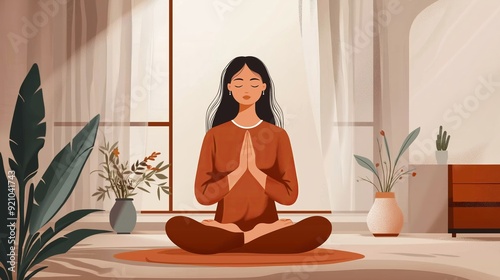 A serene young woman of South Asian descent meditates in a peaceful indoor setting.