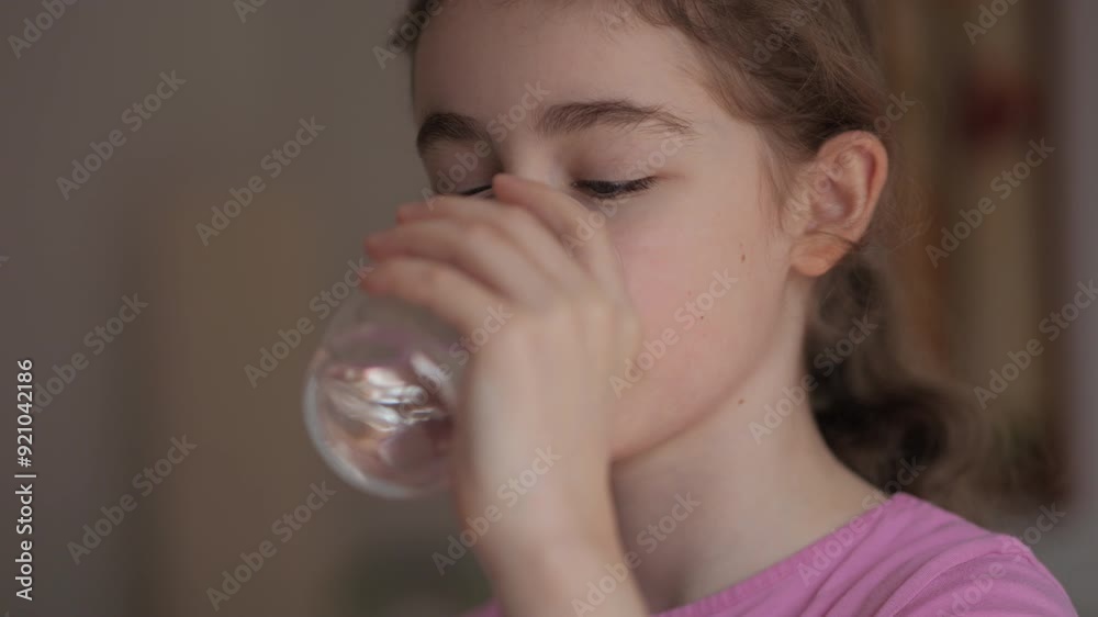 Girl is Drink Clean Water From Glass. Child Girl Drinking Glass Fresh Transparent Pure Filtered Mineral Water at Home. Close-up Kid Drinking Cup Water Healthy Body Care. Healthy Lifestyle Children. Girl is Drink Clean Water From Glass. Child Girl Drinking Glass Fresh Transparent Pure Filtered Mineral Water at Home. Close-up Kid Drinking Cup Water Healthy Body Care. Healthy Lifestyle Children.