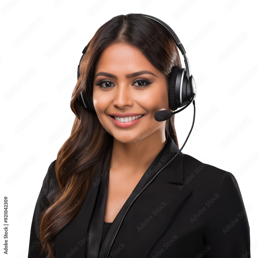 Smiling young female call center operator wearing a headset, isolated on transparent background Smiling young female call center operator wearing a headset, isolated on transparent background