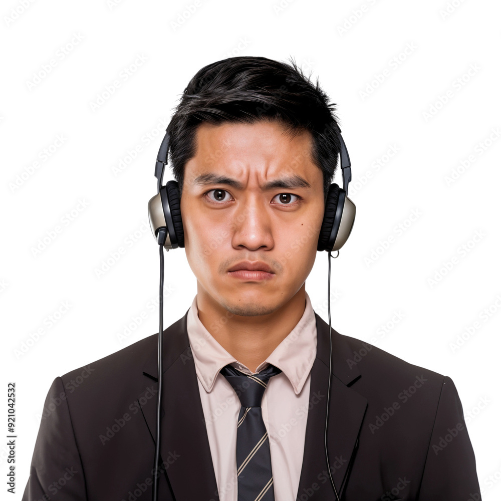 Portrait of a call center operator wearing headphones with a serious expression, isolated on transparent background Portrait of a call center operator wearing headphones with a serious expression, isolated on transparent background