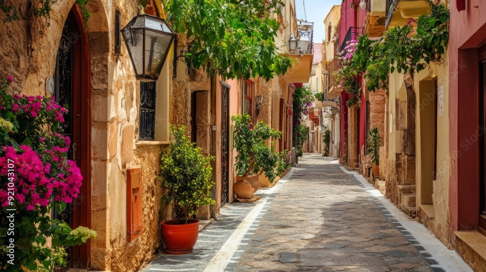 Fototapeta premium Picturesque narrow alley in a charming Mediterranean town. Quaint stone buildings adorned with colorful flowers and plants. Perfect for travel, tourism, and architectural themes.
