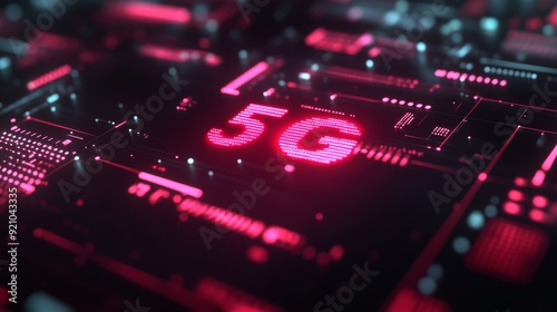 3D rendering of wireless technology concept with 5G symbol and futuristic orange digital grid background. A concept for a network technology wallpaper. photo