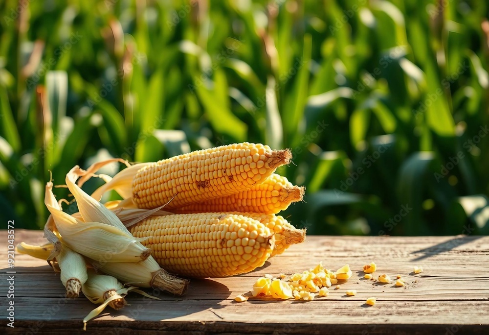 Freshly picked corn cobs on an old wooden table with a farmhouse background.
Freshly picked corn cobs on an old wooden table with a farmhouse background.