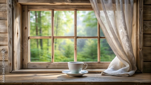 A Glimpse of Tranquility: An Old Wooden Window with Transparent Curtains and a Porcelain Teacup  AI generated photo