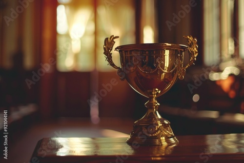 The World Cup trophy elegantly displayed in an art museum, showcasing its significance in sports history and culture, The prestige of a golden trophy on a winner's podium. AI generated