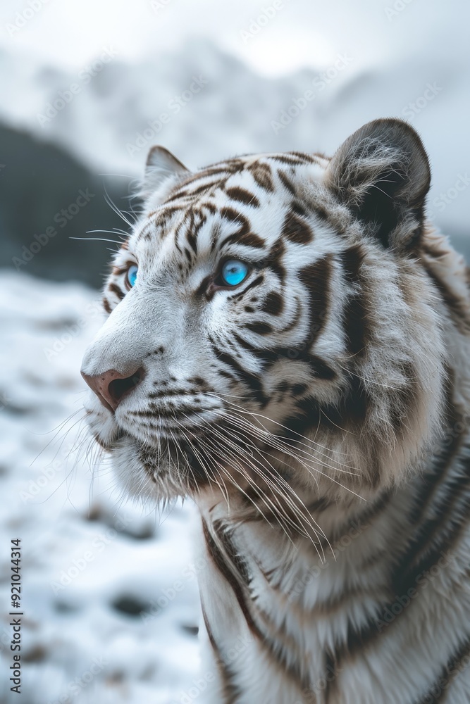 A three-quarter profile portrait of a white tiger with glowing blue eyes is captured from an extreme low angle, showing its fierce expression and white fur against the snowy mountains. A three-quarter profile portrait of a white tiger with glowing blue eyes is captured from an extreme low angle, showing its fierce expression and white fur against the snowy mountains.