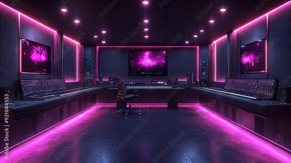 Modern music studio with soundproof walls bright lights and comfortable equipment. Concept Music Production, Soundproof Walls, Bright Lights, Comfortable Equipment, Modern Studio Modern music studio with soundproof walls bright lights and comfortable equipment. Concept Music Production, Soundproof Walls, Bright Lights, Comfortable Equipment, Modern Studio