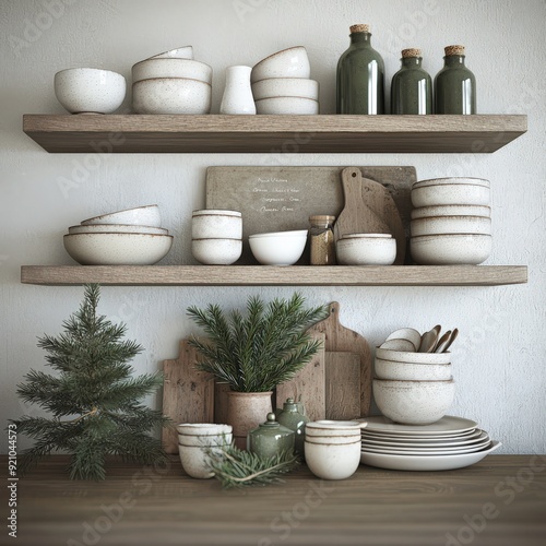 Rustic kitchen shelf with white ceramic dishes, green bottles, and pine decorations. Minimalist, cozy, and natural kitchen decor.