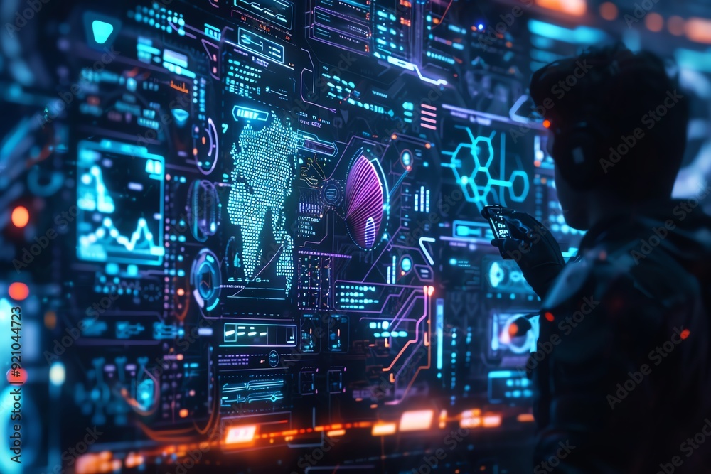 Futuristic control room with glowing blue screens and data visualization. Futuristic control room with glowing blue screens and data visualization.