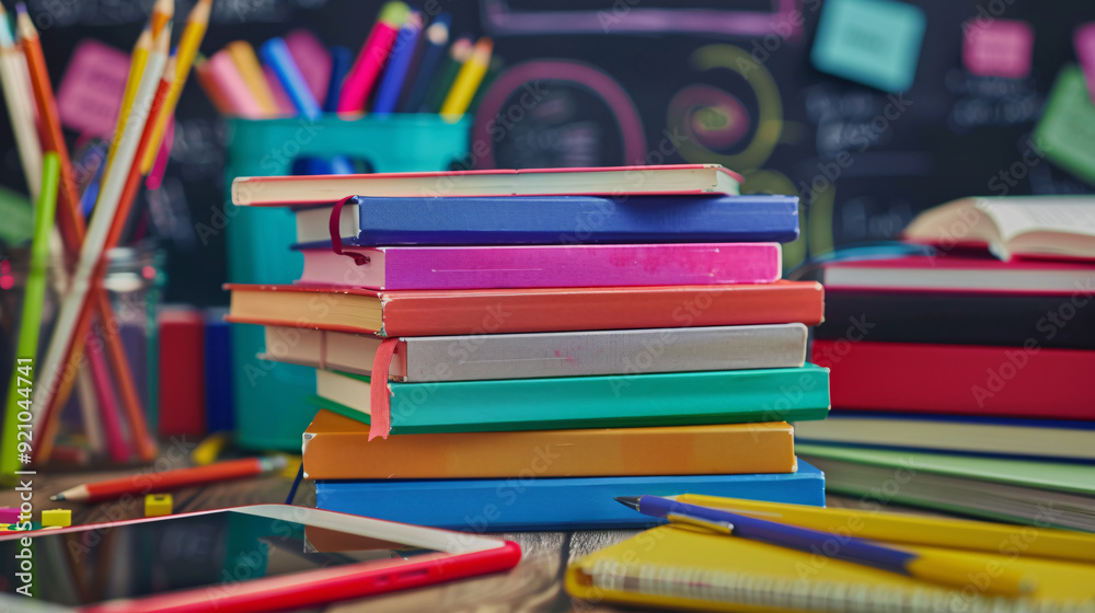 Colorful textbooks stacked neatly, notebooks filled with scribbles, pens and pencils scattered on desks, digital devices displaying educational apps Colorful textbooks stacked neatly, notebooks filled with scribbles, pens and pencils scattered on desks, digital devices displaying educational apps